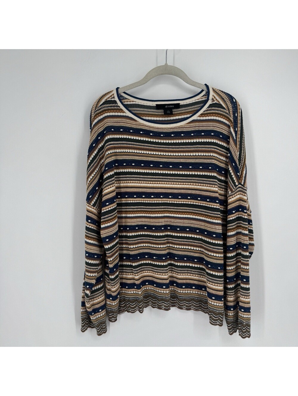 Ali Miles sweater large L striped knit multicolor crochet pointelle boho artisan